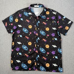 ChArmkpR Men's XXL Black Space Galaxy Planet Rocket UFO Short Sleeve Button Down